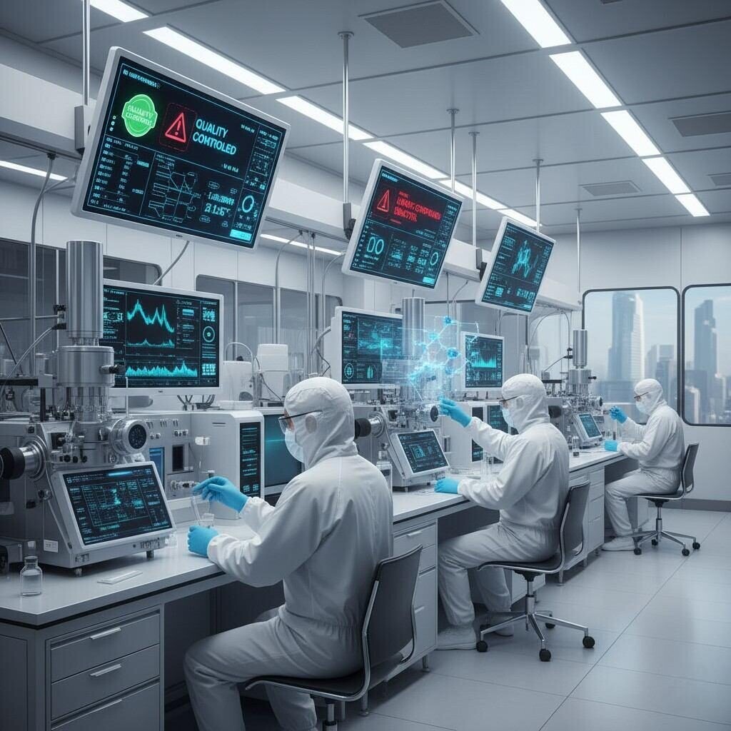 Discover a futuristic cleanroom laboratory where flavor scientists utilize advanced GC-MS instruments and digital safety dashboards to meticulously analyze e-liquid formulations, ensuring quality and safety in vaping products.