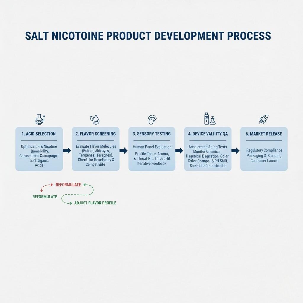 A comprehensive flowchart detailing the end-to-end product development process for salt nicotine e-liquids, from initial acid selection and flavor screening through sensory testing, device validation, stability quality assurance, and final market release.