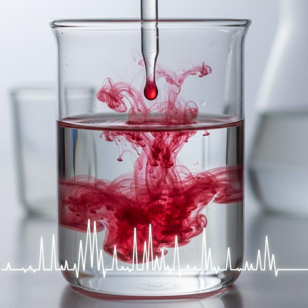 Una fascinante toma macro en primer plano captura un líquido viscoso de color rojo rubí que se deja caer con precisión desde una pipeta a una base transparente dentro de un vaso de vidrio, creando una hermosa y turbulenta nube de fluidos mezclados. Superpuesta en primer plano hay una lectura nítida y blanca de un cromatógrafo de gases, que simboliza el análisis químico preciso involucrado en el proceso de laboratorio.