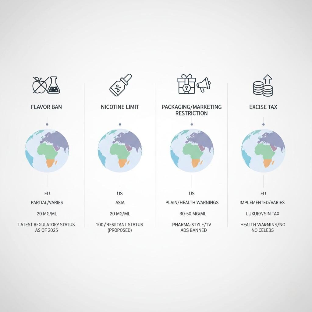全面的信息图，详细介绍了 2025 年电子烟油的全球监管格局。它说明了香料禁令、尼古丁限制、包装/营销限制和消费税等关键主题，并覆盖了显示欧盟、美国、亚洲和拉丁美洲最新状态的世界地图。对于风味公司和制造商来说，将开发流程与当前的监管策略保持一致至关重要。
