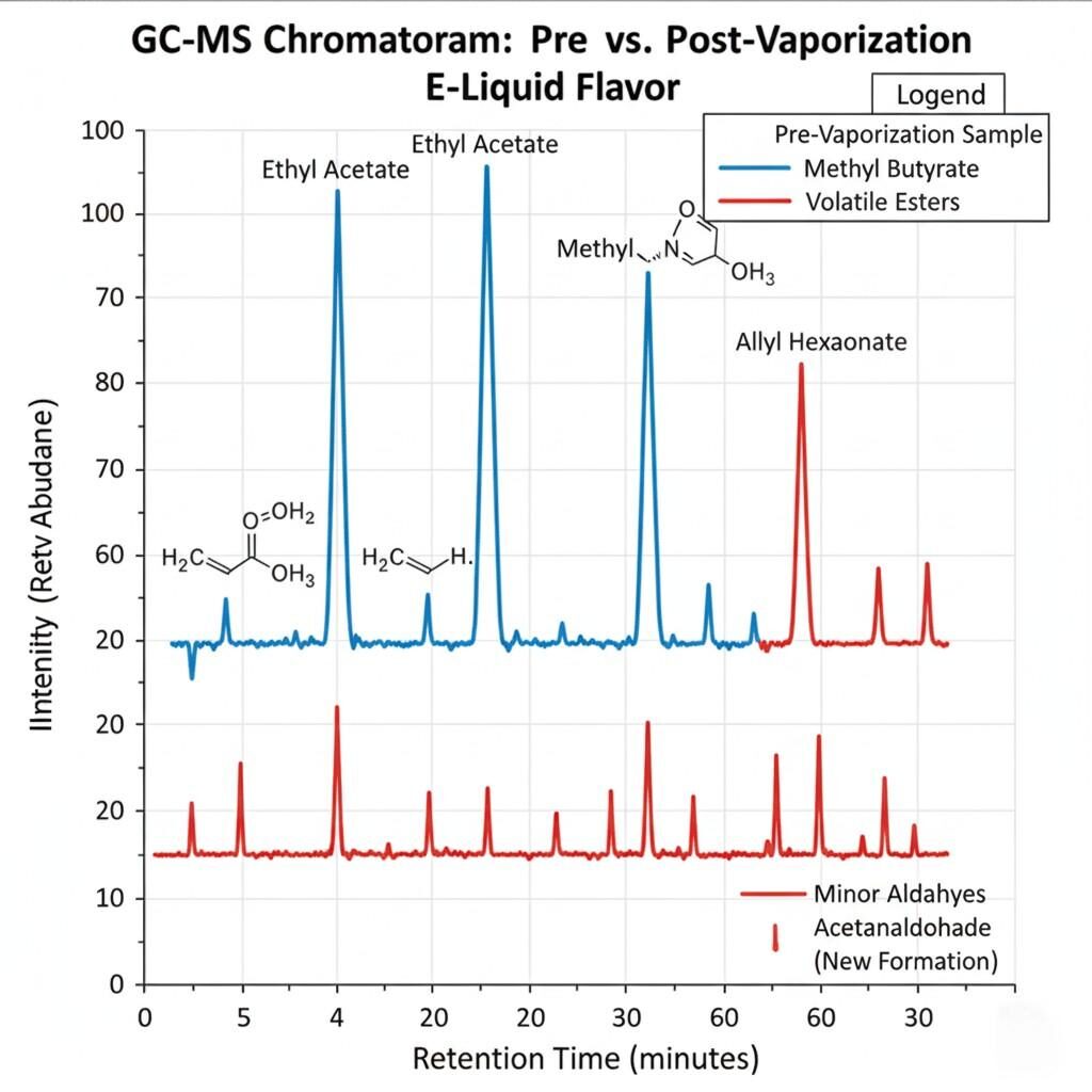 详细的 GC-MS 色谱图显示了电子烟液调味剂蒸发前后的化学变化。该图突出显示了挥发性酯（例如乙酸乙酯、丁酸甲酯、己酸烯丙酯）的减少或损失以及微量醛（例如乙醛）的明显形成，从而深入了解电子烟过程中的风味降解和新化合物的形成。