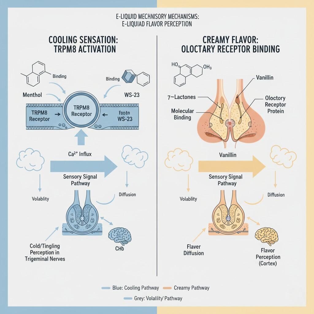 Una infografía científica detallada que ilustra los mecanismos moleculares detrás de la percepción del sabor de los e-líquidos. El diagrama muestra cómo los agentes refrescantes como el mentol y el WS-23 activan los receptores TRPM8, mientras que las notas cremosas como las lactonas y la vainillina se unen a los receptores olfativos. Destaca la volatilidad, la difusión y las distintas vías de señales sensoriales para cada una, ofreciendo información sobre la compleja interacción de estos compuestos con la fisiología humana.