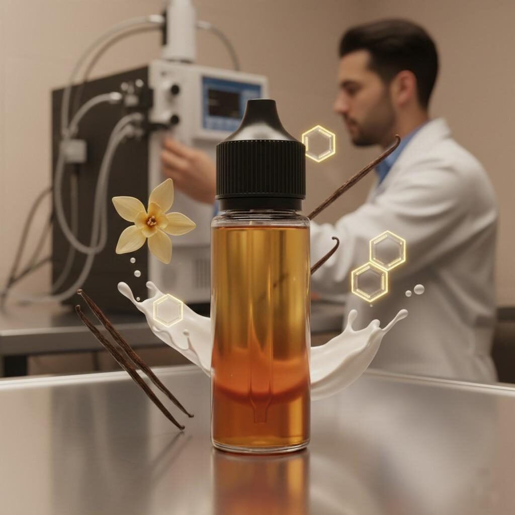 عرض ثلاثي الأبعاد مفصل للغاية يعرض زجاجة عصير vape مع سائل متدرج غني باللون الكهرماني على طاولة من الفولاذ المقاوم للصدأ. تطفو حول الزجاجة عناصر شبه شفافة: حبوب الفانيليا، ورذاذ من الحليب، وبنية قرص العسل التي ترمز إلى الروابط الكيميائية. في الخلفية الناعمة غير الواضحة، يقوم فني المختبر بضبط جهاز كروماتوجرافيا الغاز.