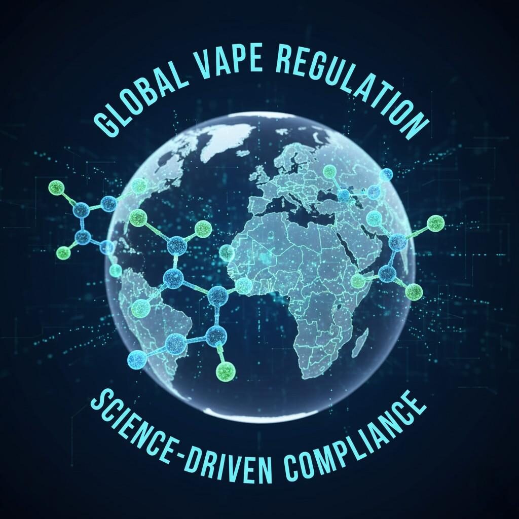 引人注目的数字插图，直观地代表了科学驱动的全球电子烟监管和跨市场合规的概念。分子风味结构艺术地投射在一个发光的地球上，象征着电子烟行业科学研究和监管工作的国际范围，强调了全球产品标准统一、基于证据的方法的重要性。
