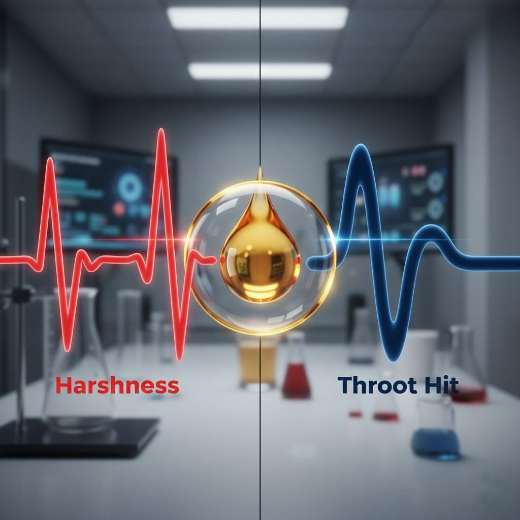 This conceptual illustration visualizes the transformation of "harshness" into a desirable "throat hit" through flavor modulation. A golden droplet of flavoring extract acts as a focal point, symbolizing its ability to refine sensory perception from a jagged, unpleasant sensation to a smooth, robust experience. Ideal for showcasing advanced flavor science in product development.