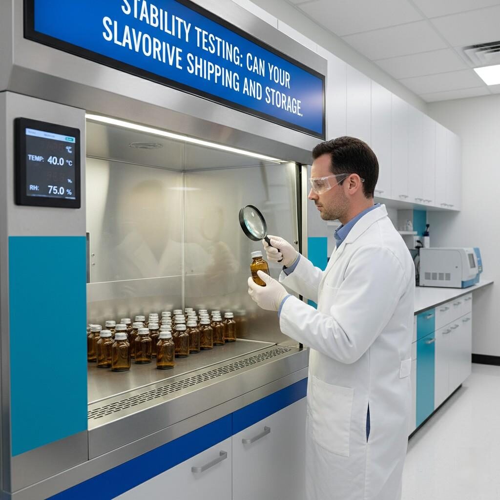 A professional photo showing a lab technician examining sealed e-liquid fragrance bottles within a stability testing chamber. The image highlights the critical process of ensuring e-liquid flavoring can withstand various shipping and storage conditions, with visible temperature and humidity indicators, in a clean, modern lab environment.