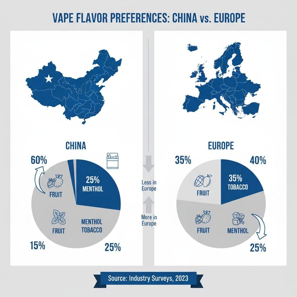  Explore the striking differences in vape flavor preferences between China and Europe with this comparative infographic. Discover regional trends for fruit, menthol, and tobacco e-liquid choices, ideal for understanding global vaping markets.