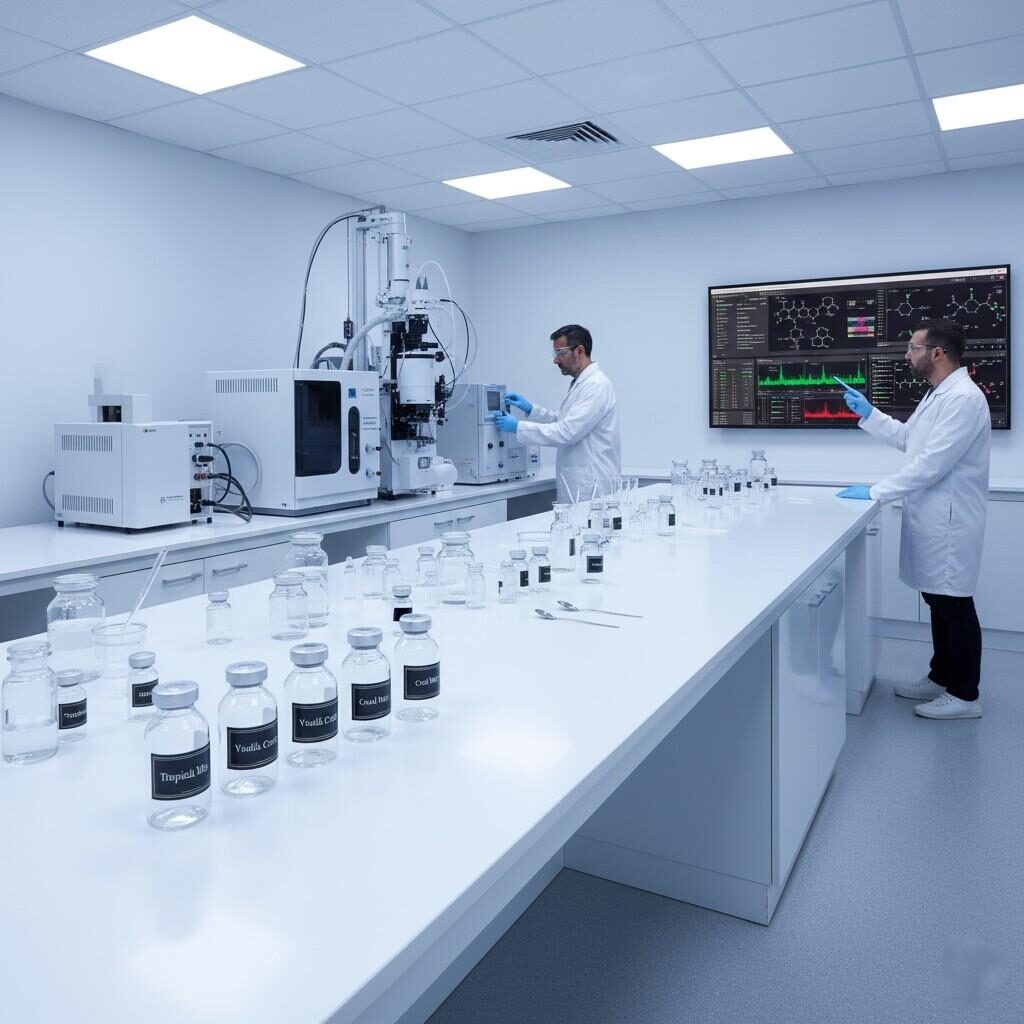 A sophisticated modern aroma laboratory, equipped with advanced GC-MS machinery and an array of aroma compound samples. Prominently featured are labeled glass vials of popular flavors such as "Tropical Mix," "Vanilla Custard," and "Cool Mint." A large digital screen displays complex chemical profiles and formulation data, showcasing the scientific precision involved in creating and analyzing new aroma compounds for various applications.