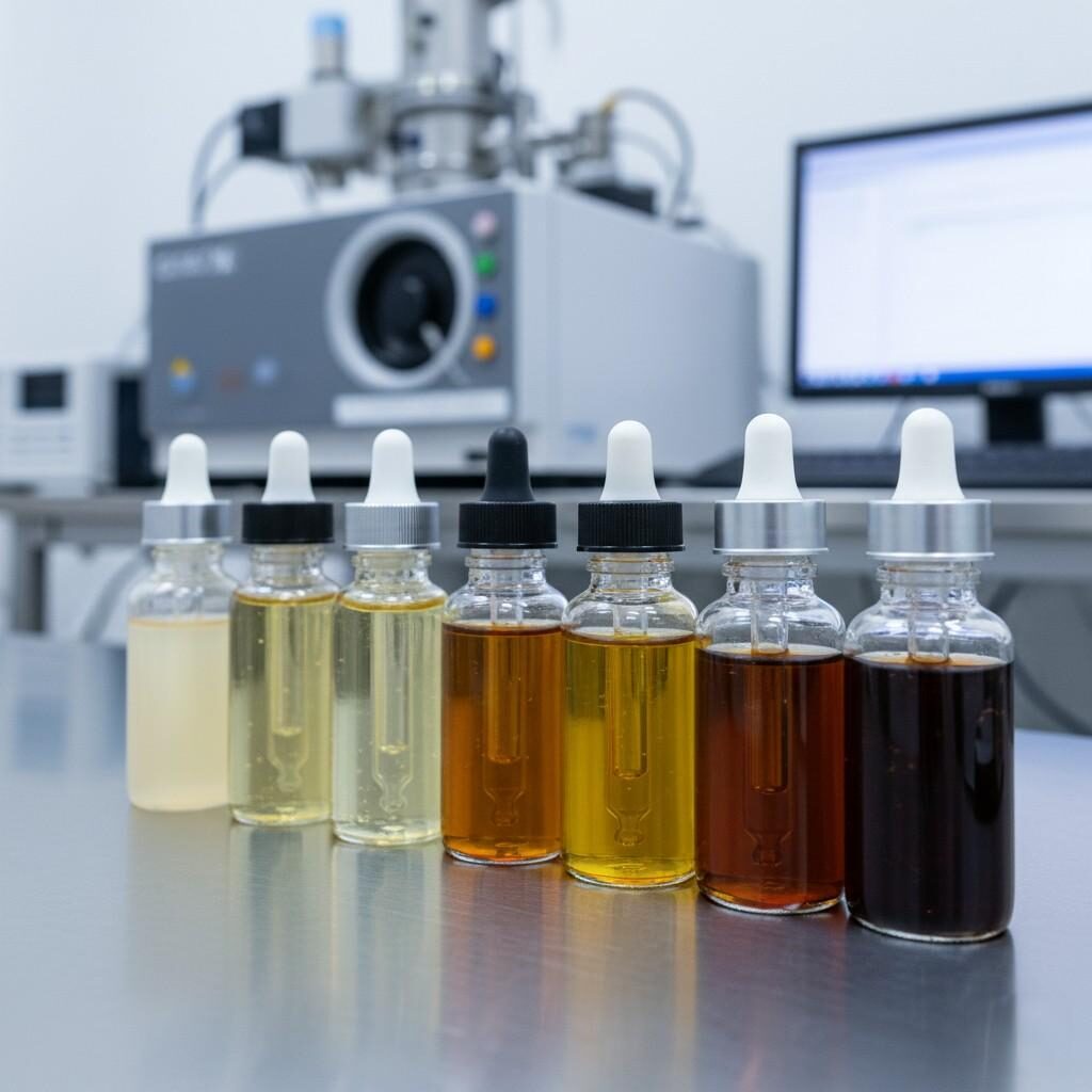 A high-resolution macro shot captures e-liquid bottles exhibiting varying degrees of color discoloration, from pale yellow to dark amber, arranged on a pristine stainless-steel lab bench. The background, softly blurred, features advanced GC-MS equipment, emphasizing a scientific context for studying e-liquid stability and the impact of factors like oxidation or degradation on product appearance.