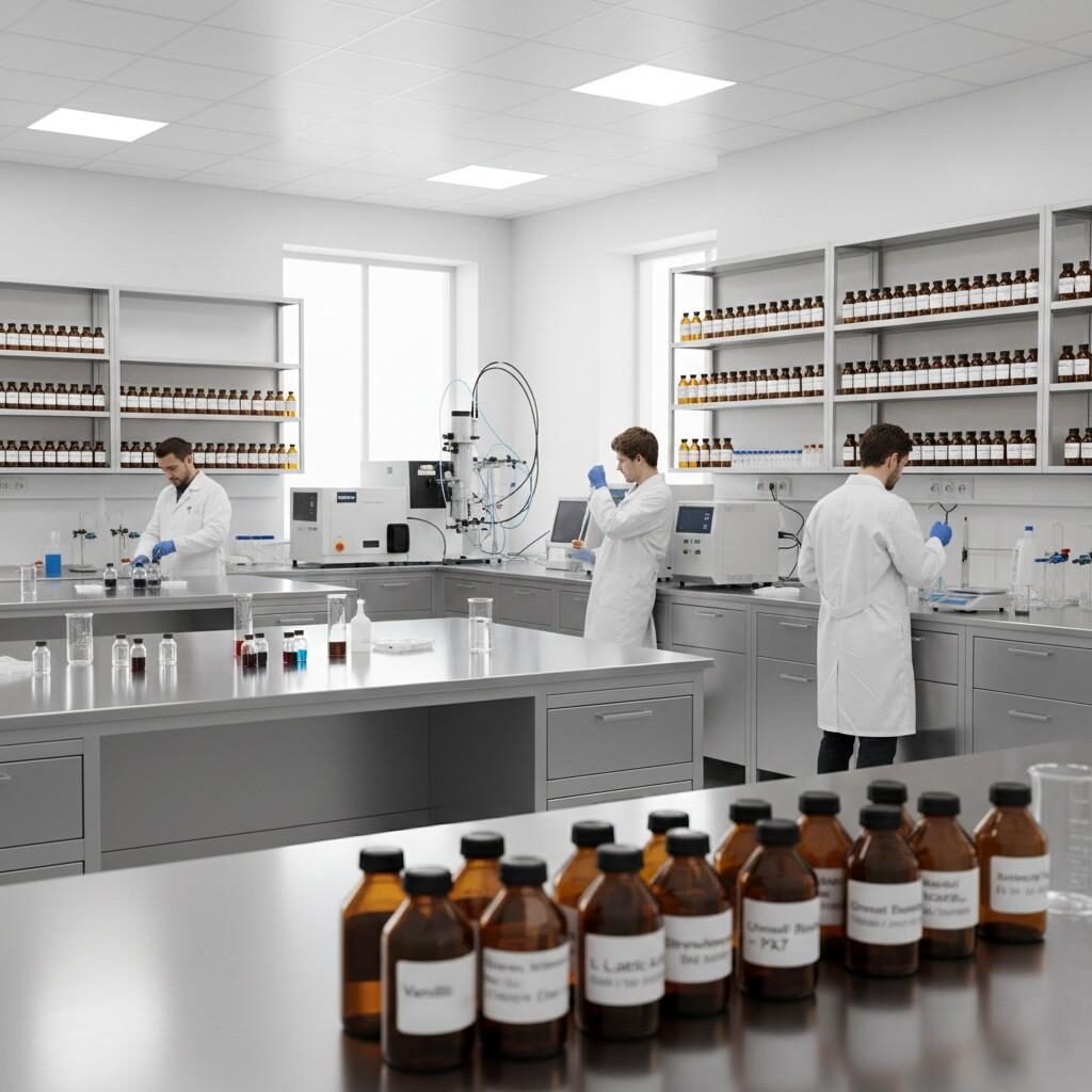 A high-resolution professional photograph showcases a state-of-the-art flavor R&D laboratory. The pristine space features stainless steel benches, advanced analytical equipment like GC-MS and HPLC, and shelves meticulously stocked with labeled raw materials. Flavorists in lab coats are actively engaged in mixing prototypes, all illuminated by bright, neutral lighting, emphasizing precision and innovation in food science.