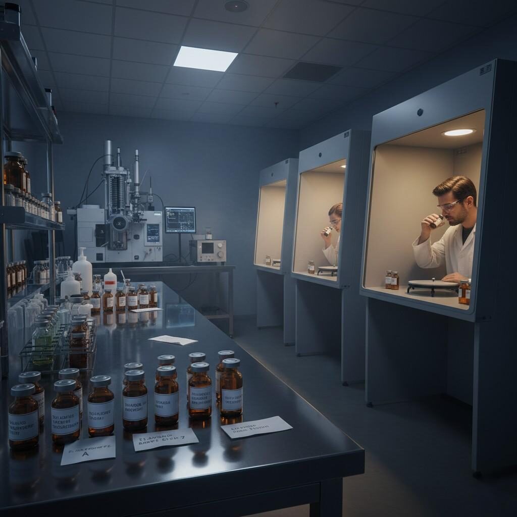This image depicts a professional R&D flavor laboratory focused on e-liquid development. It features stainless steel benches, advanced GC-MS instrumentation for chemical analysis, and meticulously labeled vape flavor samples. Technicians are shown in controlled sensory booths, meticulously evaluating e-liquid aroma prototypes, highlighting the rigorous process of flavor creation and refinement.
