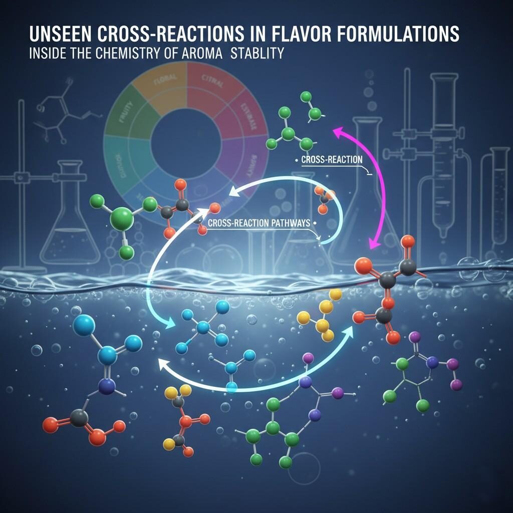 A high-resolution scientific visualization illustrating the unseen cross-reactions of various aroma molecules (esters, aldehydes, terpenes) in a liquid medium, highlighting their impact on flavor stability. The image features molecular reaction pathways and a background subtly depicting a flavor wheel and laboratory glassware.