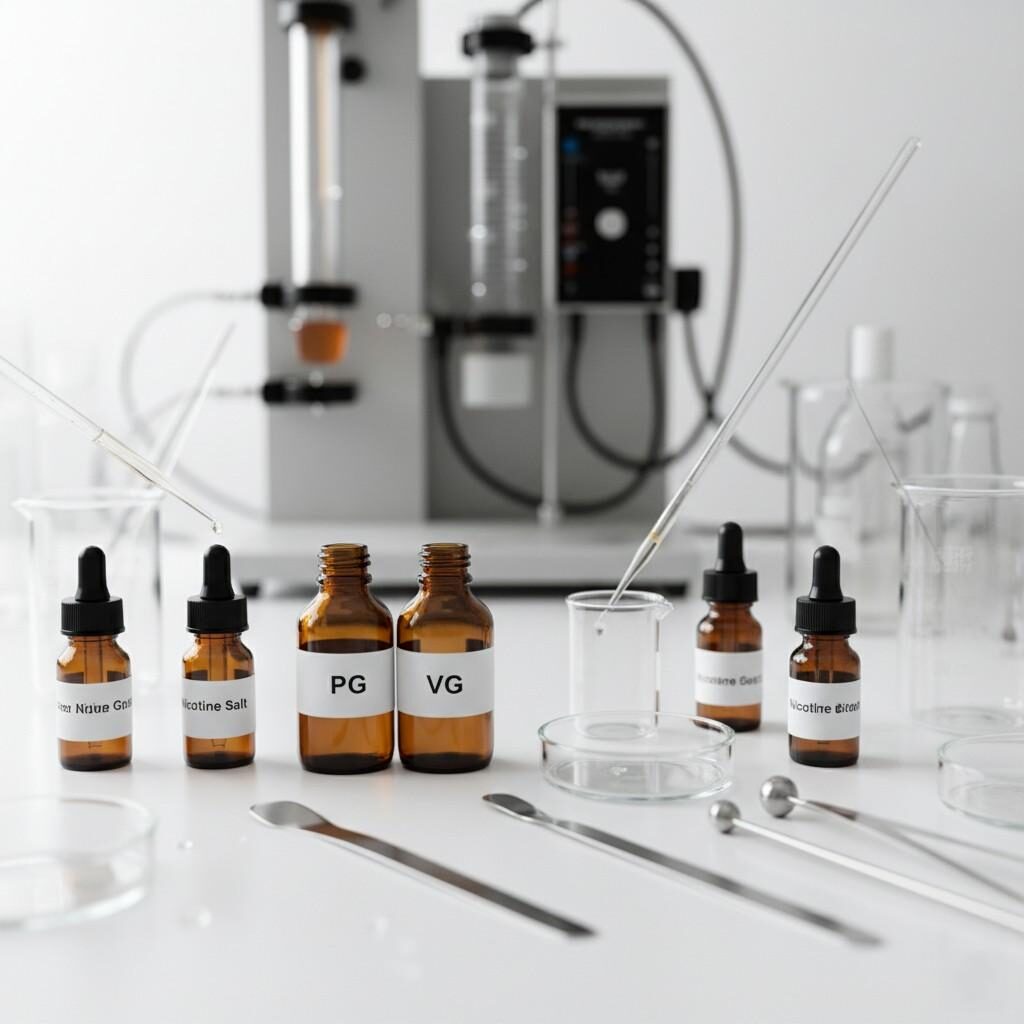 A high-resolution macro photograph captures the meticulous process of e-liquid flavor testing, featuring clearly labeled laboratory glass bottles of "PG," "VG," and "Nicotine Salt" along with various aroma compounds. The scene highlights a clean white lab bench, gleaming stainless steel tools, and advanced chromatographic equipment blurred in the background, all bathed in bright, neutral lighting to convey scientific precision and professionalism. This image is ideal for showcasing product development, quality control, or scientific research in the e-liquid industry.