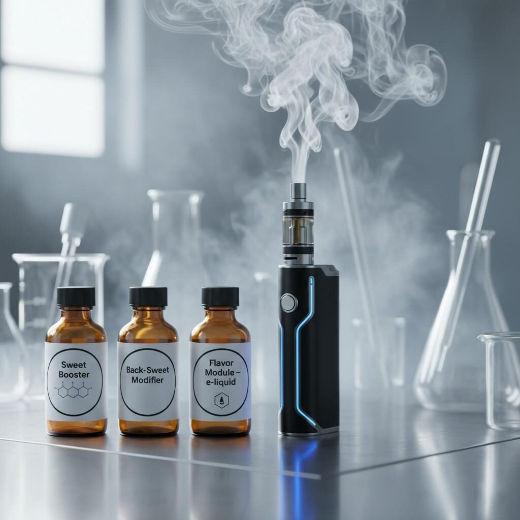 A high-resolution macro photograph capturing an aroma laboratory bench dedicated to e-liquid flavor development, featuring bottles labeled "Sweet Booster," "Back-Sweet Modifier," and "Flavor Module – e-liquid," alongside a steaming e-cigarette device. The bright, clinical lighting and stainless-steel surfaces emphasize precision.
