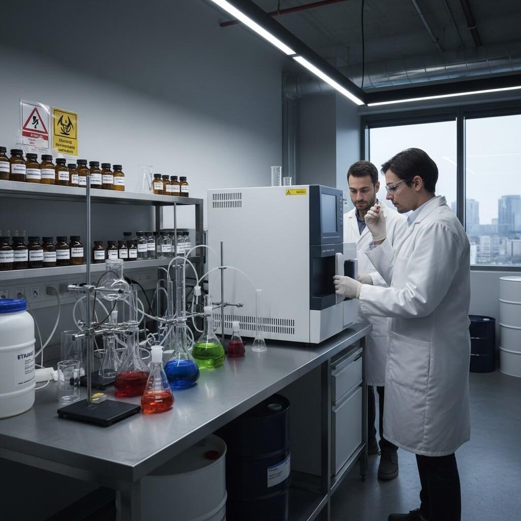  Two lab technicians in clean coats analyze aroma samples using GC-MS equipment and glassware in a modern flavor manufacturing laboratory, featuring labeled flavor compounds and a clean industrial atmosphere.