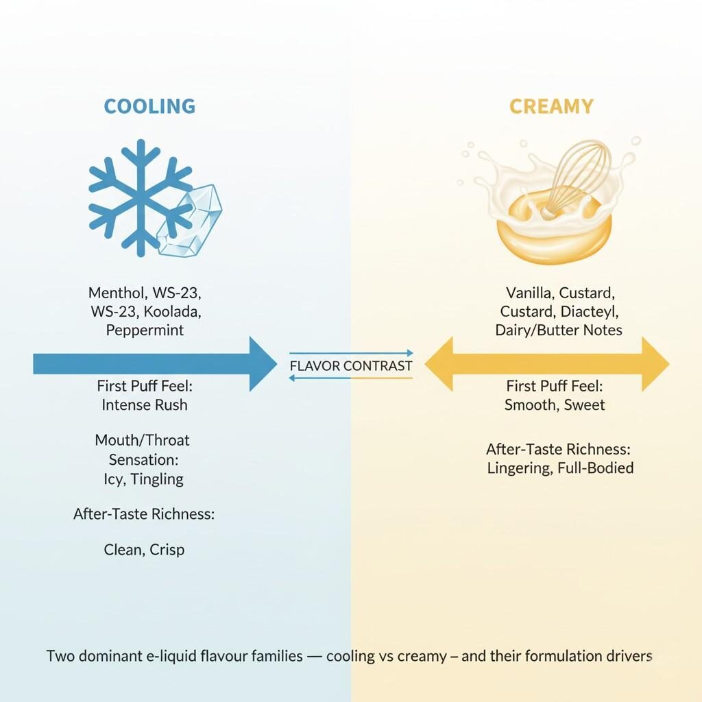 A high-resolution infographic contrasting the "Cooling" and "Creamy" flavor profiles in e-liquids. Explore how ingredients like menthol and vanilla influence "first puff feel," "mouth/throat sensation," and "after-taste richness," providing a clear visual guide to these two dominant flavor families and their impact on the vaping experience.
