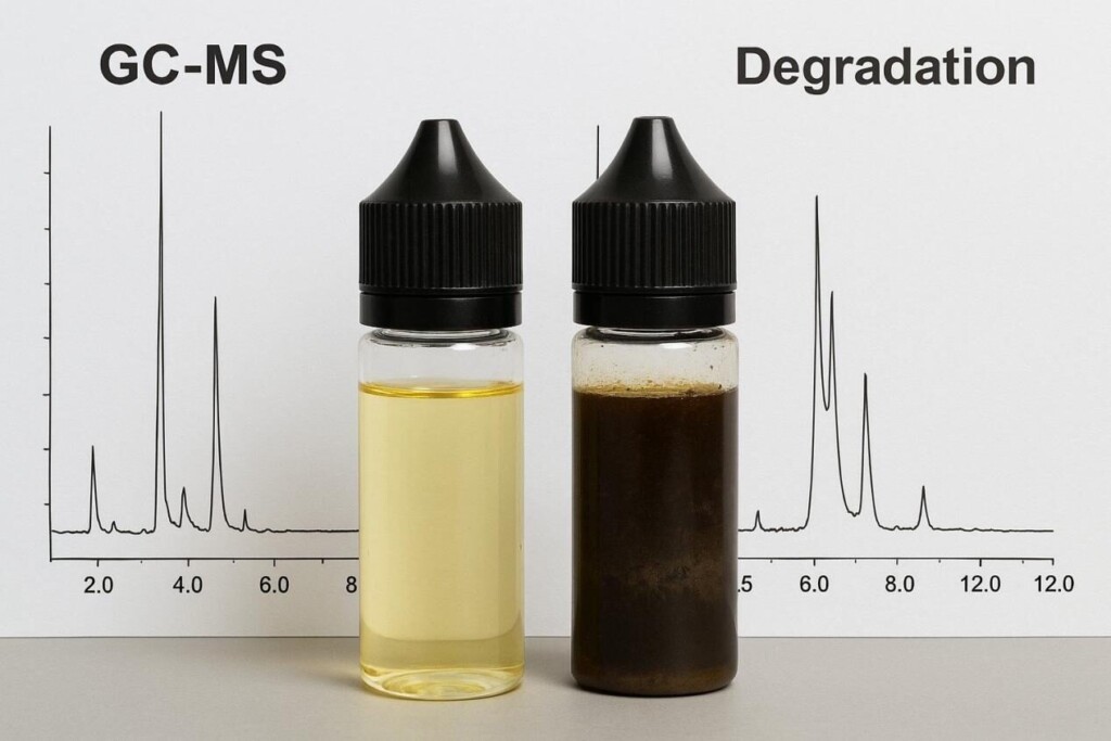 A visual comparison of two e-liquid samples—one bright and clear, the other dark and sedimented—shown alongside GC–MS chromatograms illustrating chemical degradation peaks. Ideal for articles on e-liquid stability, analytical chemistry, or product quality testing.