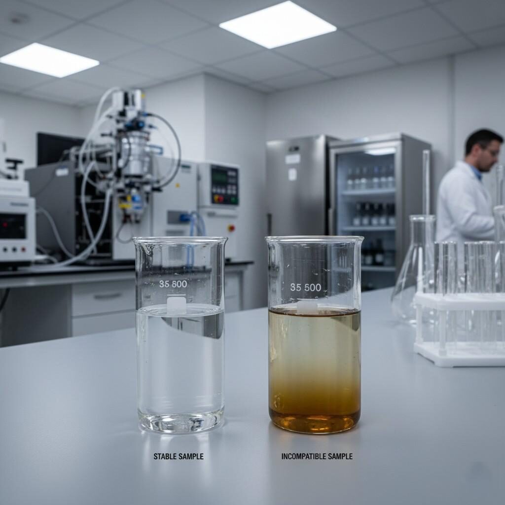 A high-resolution 8K image showcasing a professional laboratory comparison of two e-liquid samples. One beaker contains a perfectly clear and homogeneous sample, representing ideal stability, while the adjacent beaker displays a separated and discolored sample, indicating ingredient incompatibility or degradation. The background features essential analytical equipment such as GC-MS instruments, cold-chain refrigerators, and various analytical glassware, underscoring the scientific rigor involved in ensuring e-liquid quality and stability. This image is perfect for illustrating quality control and R&D processes in the vaping industry.