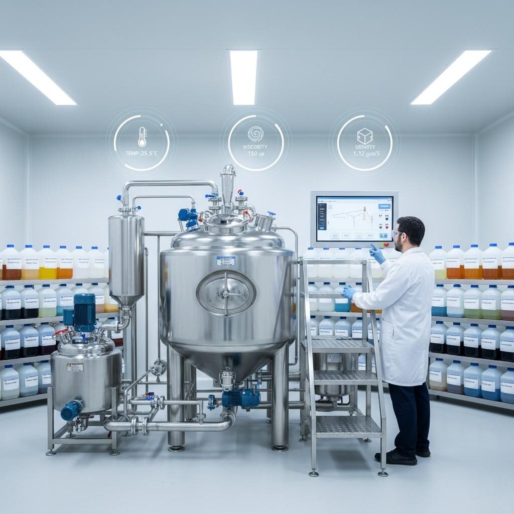 An operator monitors precise mixing tanks and digital controls for temperature, viscosity, and density in a bright, modern e-liquid flavoring production workshop, surrounded by labeled ingredient containers.