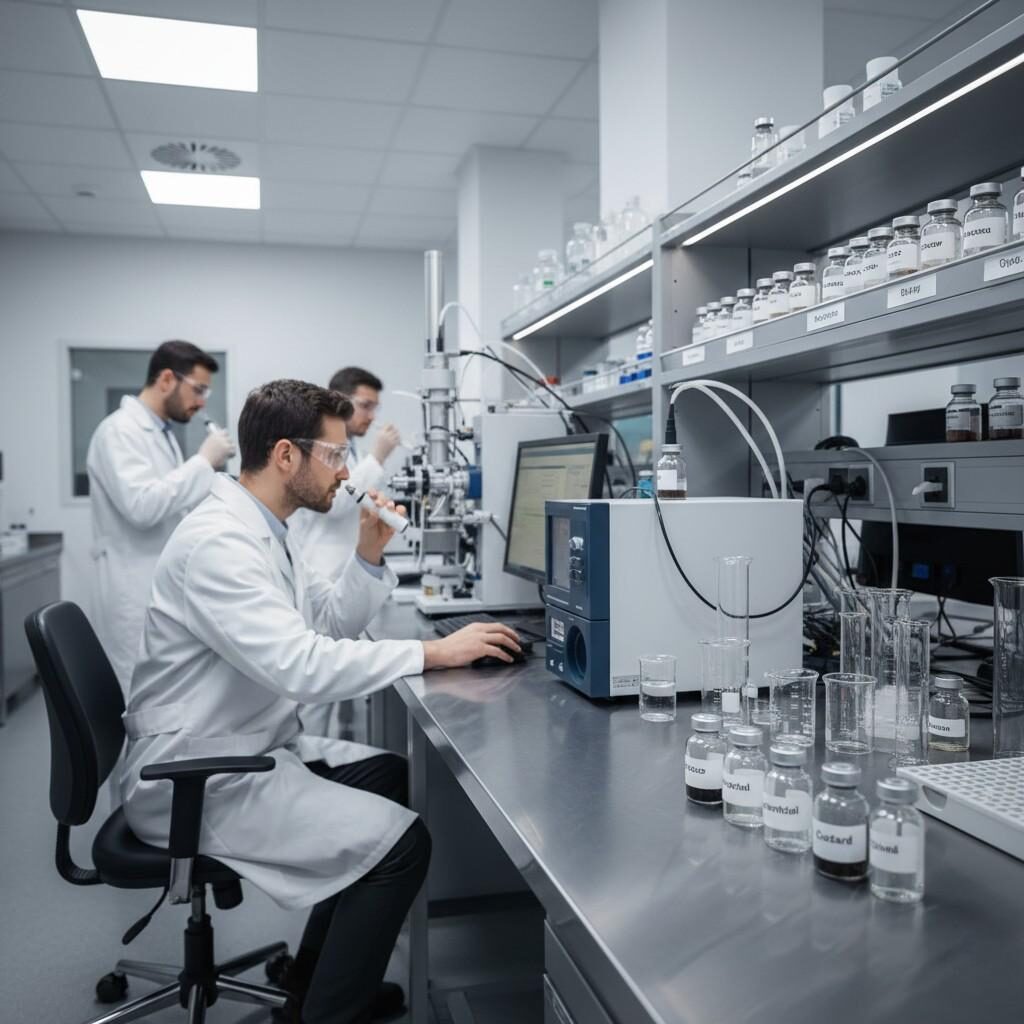 Immerse yourself in a cutting-edge flavor R&D facility where chemists in lab coats meticulously test aroma compounds using advanced GC-MS instruments and vape devices. The scene captures the high-tech atmosphere of e-liquid flavor innovation, with labeled vials of "Tobacco," "Berry," "Menthol," and "Custard."