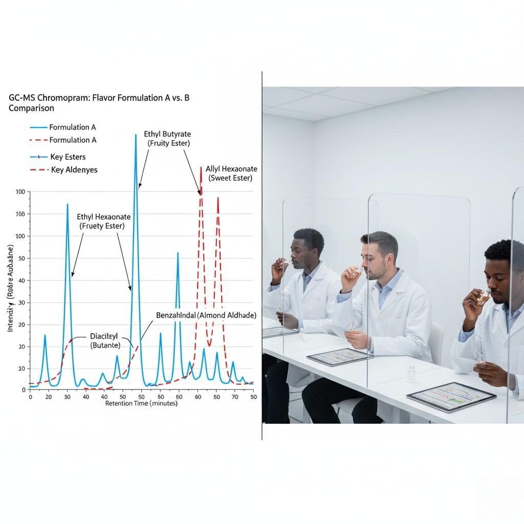 This image combines a detailed GC-MS chromatogram comparing two e-liquid flavor formulations, with clearly labeled peaks for key esters and aldehydes, illustrating their chemical differences. Alongside, a sensory panel is depicted evaluating aroma intensity and balance, showcasing the crucial interplay between analytical chemistry and human perception in the development and refinement of e-liquid flavors.