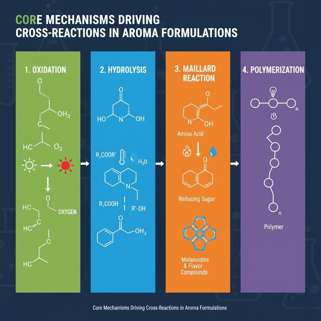 A detailed infographic illustrating the core chemical reaction mechanisms—oxidation, hydrolysis, Maillard reaction, and polymerization—that drive cross-reactions in aroma formulations. Simplified molecular diagrams, reaction arrows, and icons representing accelerators like light, oxygen, temperature, and water are included to explain these fundamental processes in flavor systems.