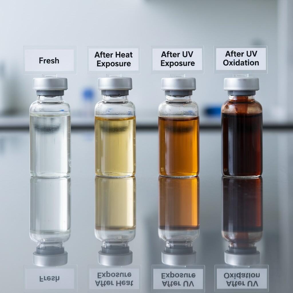  This striking comparative layout displays e-liquid flavor formulations in transparent vials, meticulously labeled "Fresh," "After Heat Exposure," "After UV Exposure," and "After Oxidation." The image vividly shows the distinct color differences resulting from various environmental stressors, providing a clear visual representation of e-liquid stability and degradation on a sleek, reflective lab-grade surface.