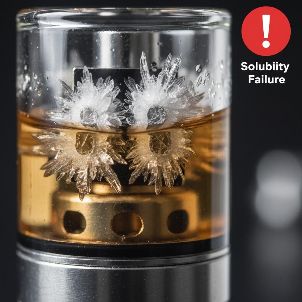 A dramatic macro shot of "E-Liquid Crystals" showing sharp, needle-like menthol shards precipitated inside a glass vape tank, actively blocking the coil wicking holes. A prominent red warning icon, labeled "Solubility Failure," overlays the image, highlighting a critical issue in e-liquid formulation.