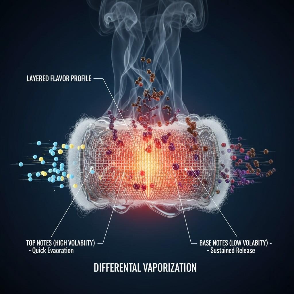 A detailed close-up cross-section of a mesh vape coil, visually illustrating "Differential Vaporization." The image shows how different flavor notes vaporize at varying rates across the coil's surface, contributing to a complex and nuanced flavor profile.
