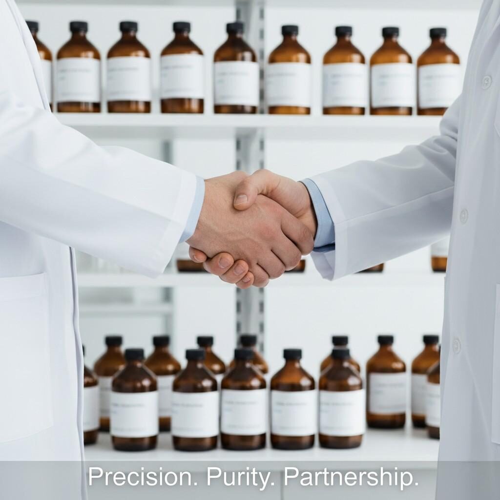 A professional photograph capturing a handshake between two individuals in white lab coats, symbolizing trust and business cooperation. The background features shelves neatly stocked with uniform amber glass bottles with minimalist labels. The image is overlaid with the sleek text "Precision. Purity. Partnership.," conveying scientific rigor and collaborative spirit.