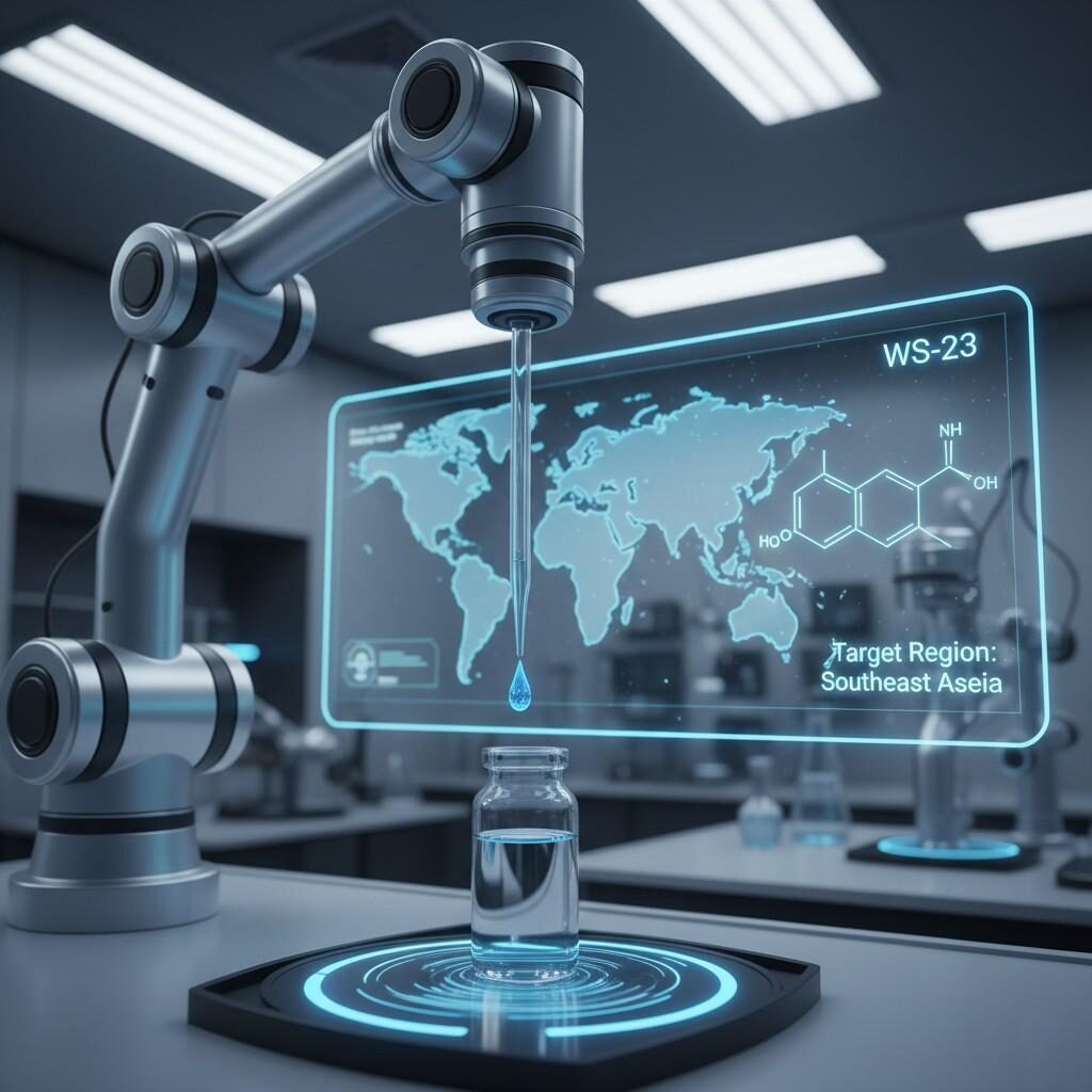  A high-tech laboratory scene showcasing a robotic arm precisely dispensing a liquid into a vial. The monitor in the background displays a world map with "Target Region: Southeast Asia" highlighted and the chemical formula for WS-23, all under futuristic blue and clinical white lighting, emphasizing precision and global market focus in cooling agent development.