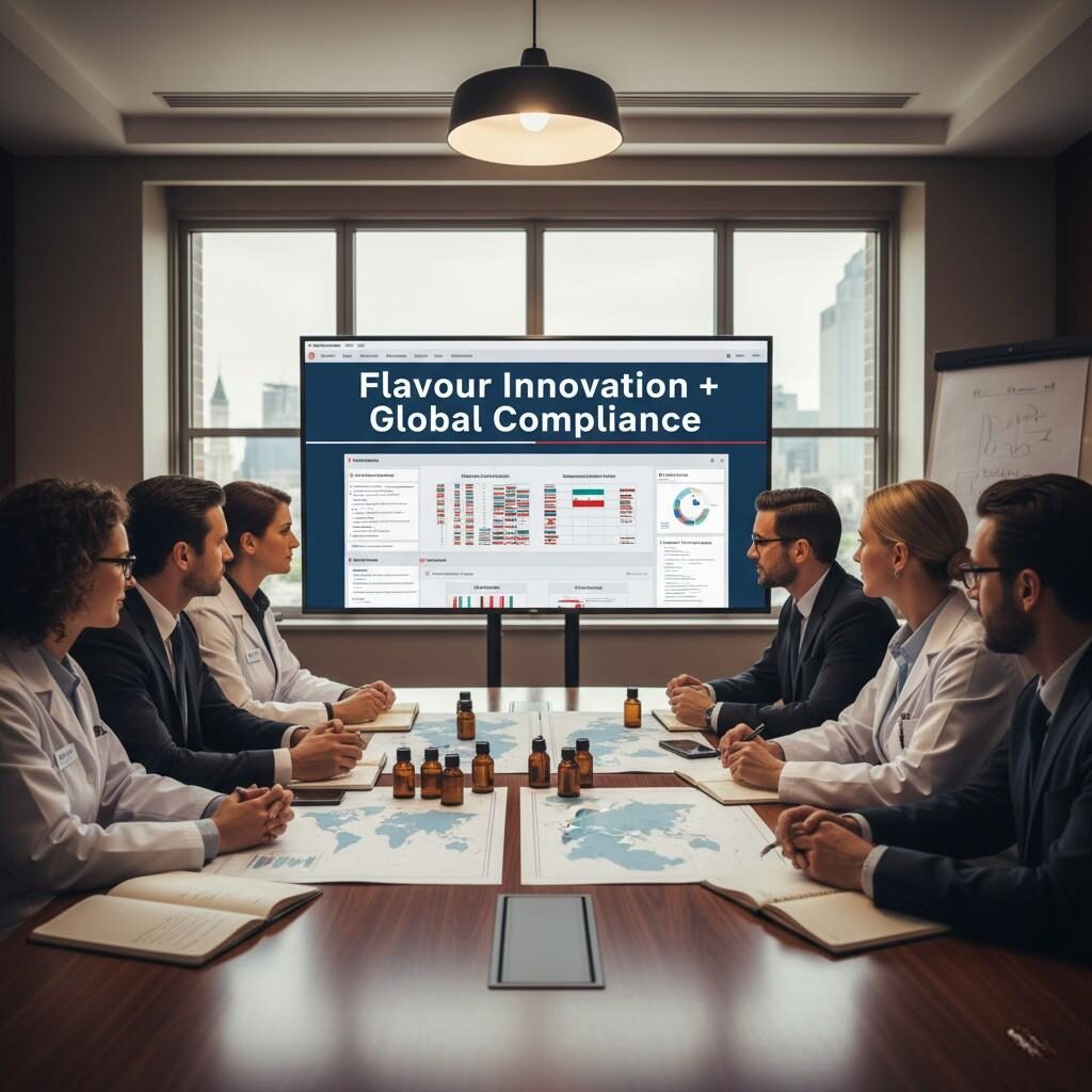 A professional corporate meeting scene featuring flavor scientists, regulatory affairs professionals, and marketing executives collaborating around a table. The setup includes aroma bottles, global maps, and compliance dashboards displayed on a screen with the banner "Flavour Innovation + Global Compliance," highlighting strategic discussions for e-liquid flavor development aligned with international regulatory standards.