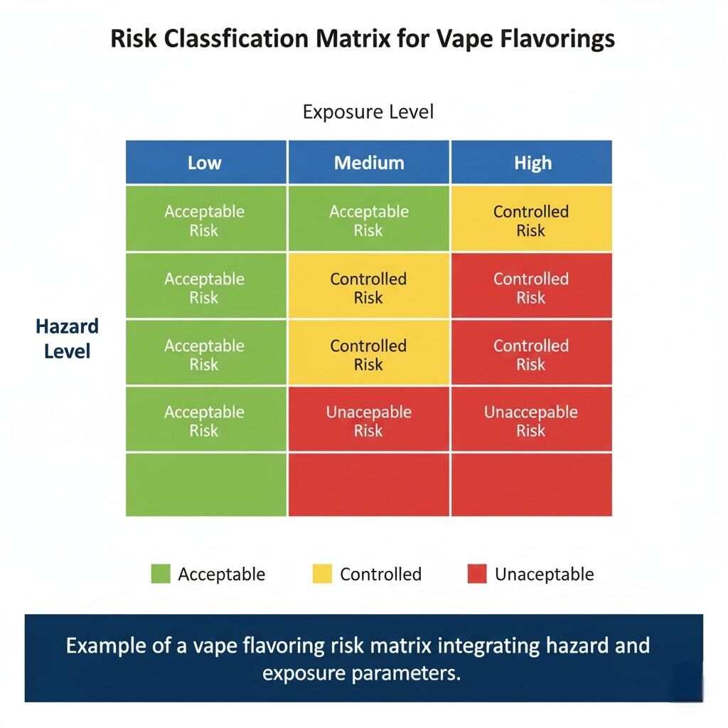 A clear data visualization showing a risk matrix that integrates hazard level and exposure parameters to determine the overall risk classification for vape flavorings (acceptable, controlled, unacceptable). This chart supports understanding of the quantitative risk evaluation process in e-liquid safety.