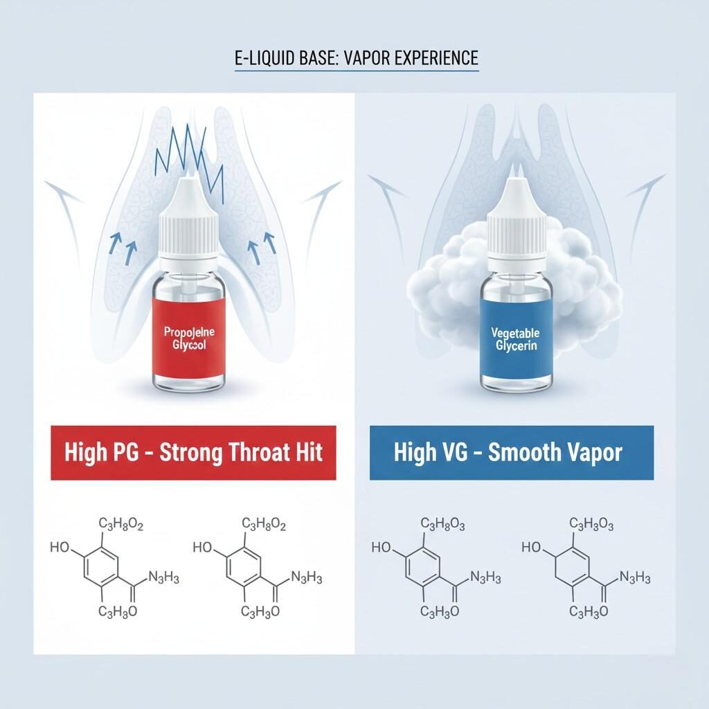 Infographie scientifique détaillée comparant visuellement les e-liquides High PG (« Strong Throat Hit ») et High VG (« Smooth Vapor »). Présente des structures moléculaires, des caractéristiques de vapeur et une vue anatomique du flux d'air pour une compréhension technique B2B complète des caractéristiques de la base d'e-liquide.