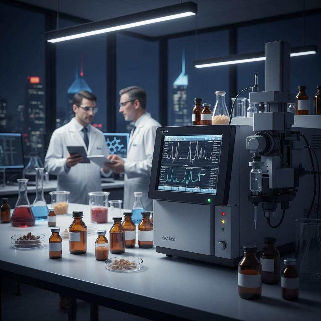 Imagen de laboratorio profesional que muestra el análisis por cromatografía de gases y espectrometría de masas (GC-MS) de aromáticos complejos de frutas y postres. Esencial para la formulación precisa y el control de calidad del desarrollo de e-líquidos con sal de nicotina, presentado en un estilo limpio, científico y corporativo.