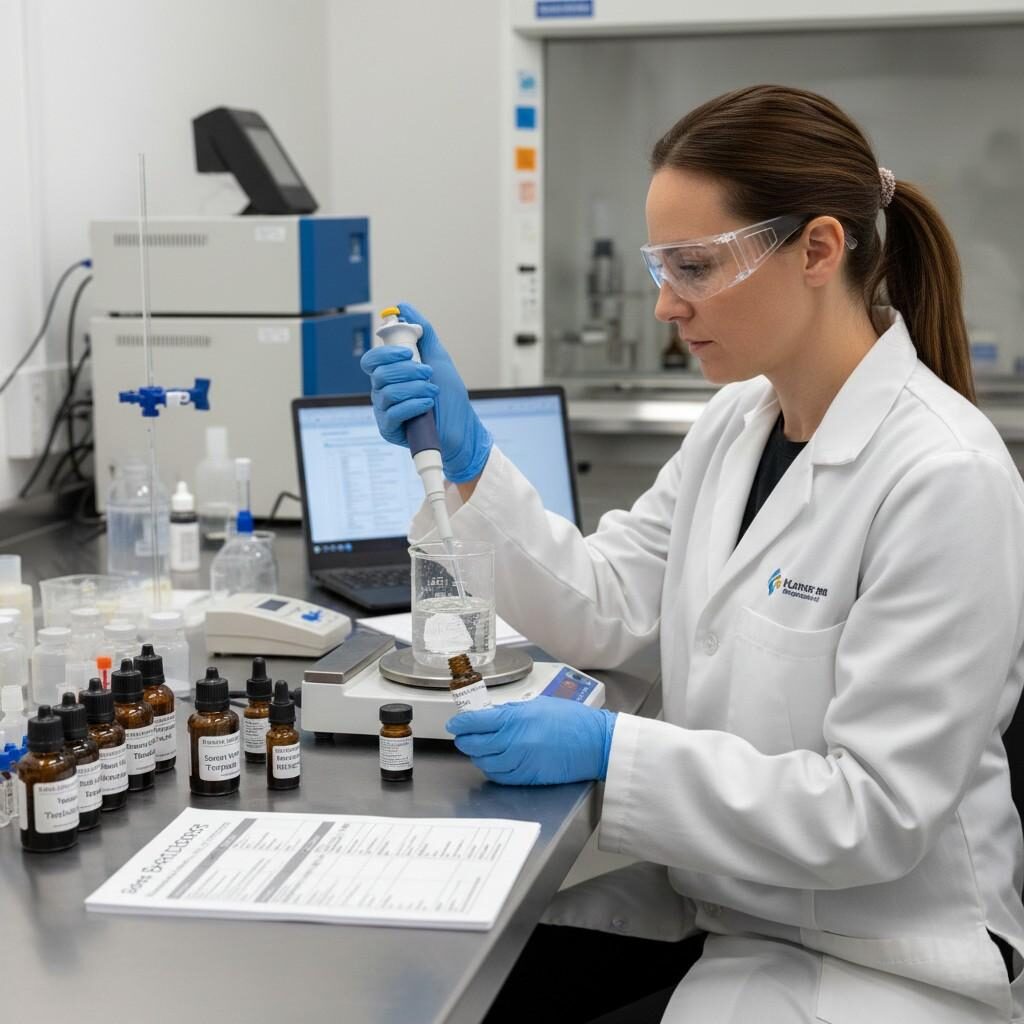 专业、高质量的风味科学家形象在受控的实验室环境中,小心翼翼地吸取风味浓缩物以创建电子液体基础。强调最佳实践质量控制和精确的配方流程