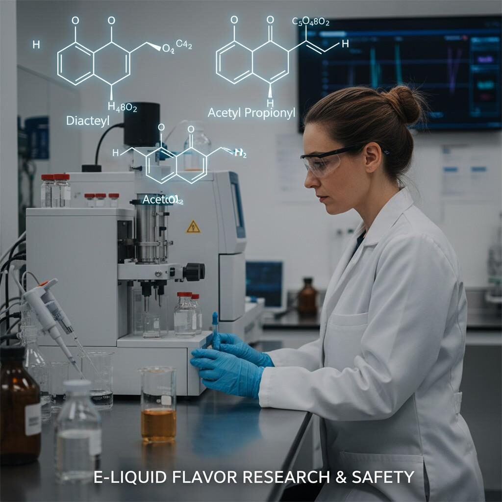 Image of a scientist in a modern lab coat analyzing e-liquid flavor compounds, highlighting safety research. Overlaid chemical structures of diacetyl, acetoin, and acetyl propionyl emphasize the focus on regulated flavor ingredients and consumer safety