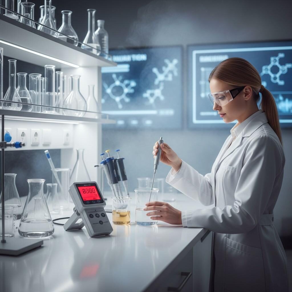 Image captures a lab technician in a modern, high-tech laboratory measuring the pH of PG/VG mixtures using a digital meter. The scene, featuring soft lighting and precision instruments, emphasizes scientific innovation and quality control in e-liquid base chemistry