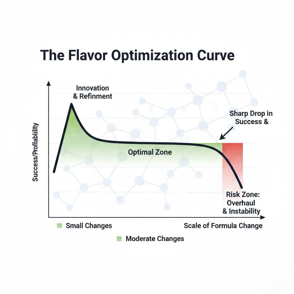 A conceptual graphic titled "The Flavor Optimization Curve" illustrates the relationship between "Success/Profitability" and "Scale of Formula Change." It shows high success for small changes, a plateau for moderate changes, and a sharp drop into a "Risk Zone" for large overhauls, superimposed on a subtle molecular backdrop.