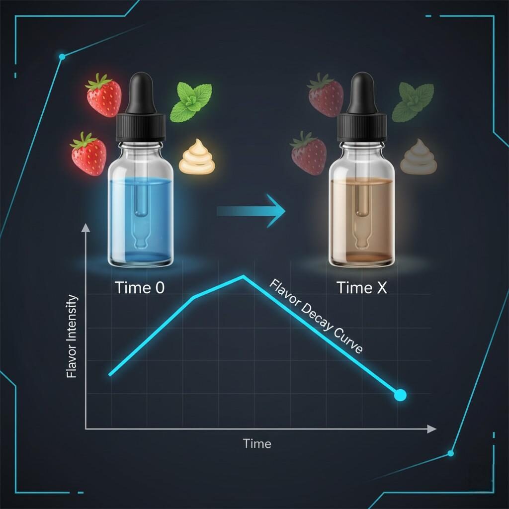 Conceptual diagram illustrating e-liquid flavor decay, showing a bottle transitioning from vibrant "Time 0" flavors (fruit, mint) to faded "Time X" flavors, overlaid with a graph representing the downward-sloping flavor decay curve