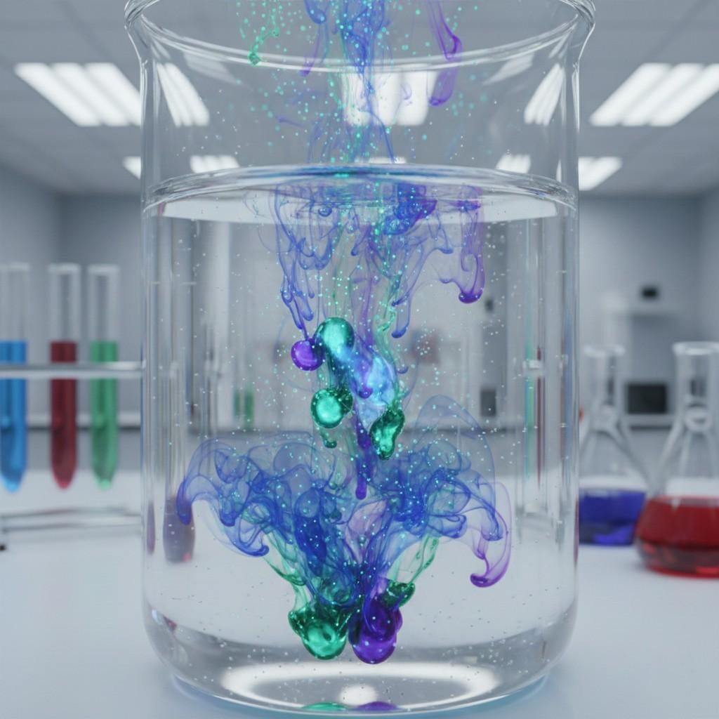 Captivating macro shot illustrating the diffusion of colorful flavor molecules within a thick, low-PG (high-VG) e-liquid base. This professional image highlights the scientific formulation of vape juices with a clean laboratory and corporate aesthetic