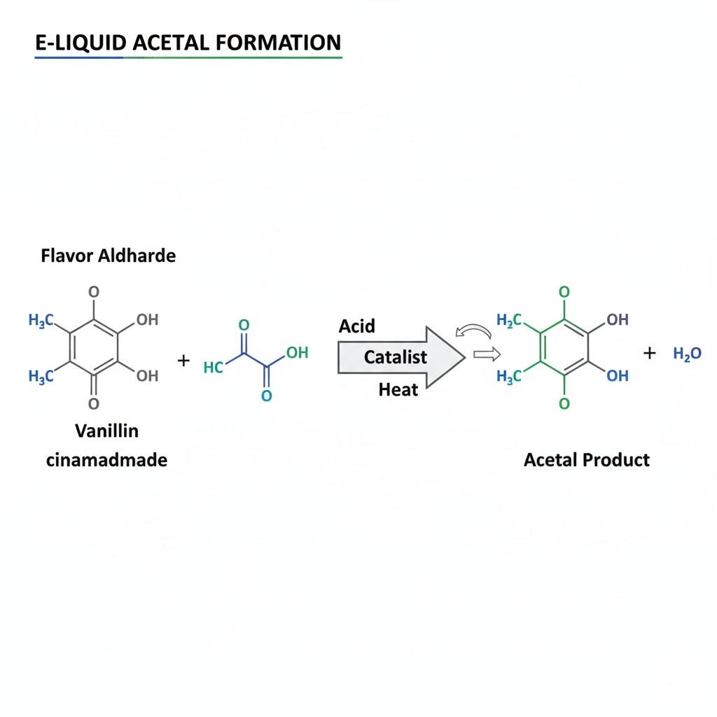 Detailed scientific diagram illustrating the reaction of flavor aldehyde molecules with propylene glycol (PG) to form acetals in e-liquid. Essential for understanding flavor stability and chemical changes in vape juice over time