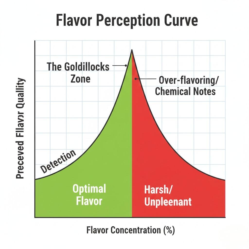 A clear infographic illustrates the "Flavor Perception Curve," charting flavor concentration against perceived flavor quality. It highlights the "Goldilocks Zone" for optimal flavor (green) and the decline into over-flavoring/chemical notes (red) for e-liquids and other flavored products.