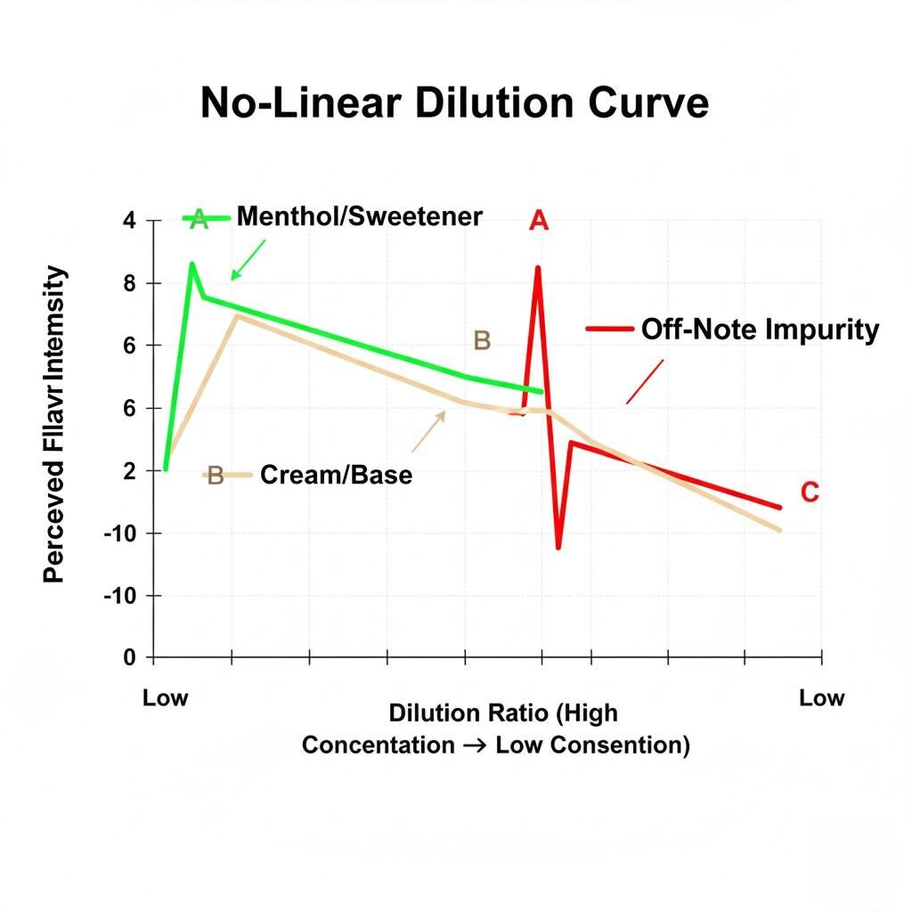 A complex scientific diagram illustrates a non-linear concentration curve for e-liquids. It plots "Dilution Ratio" against "Perceived Flavor Intensity," showing how different flavor components (Menthol/Sweetener, Cream/Base, Off-Note Impurity) behave uniquely upon dilution, with an unexpected spike in off-notes.
