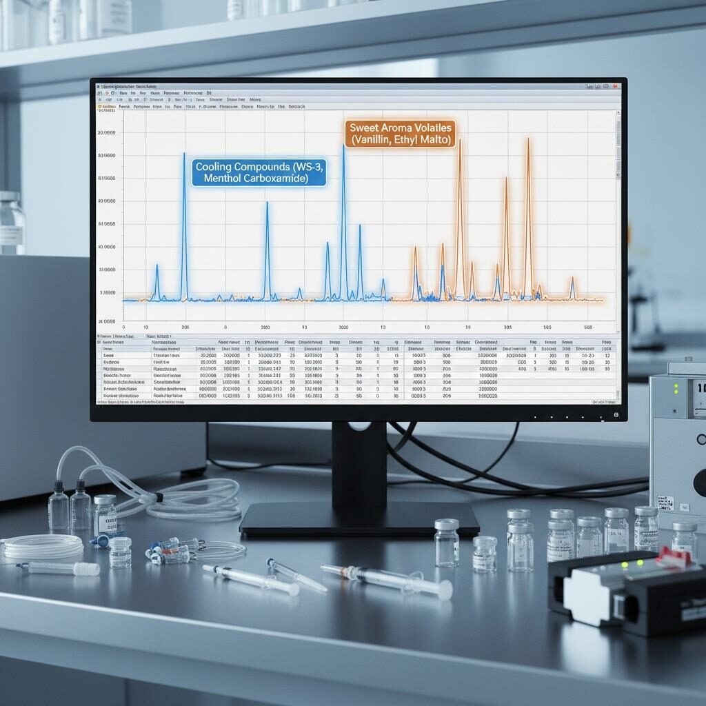 GC–MS chromatogram displayed on a laboratory monitor highlighting cooling agent peaks and sweet aroma volatiles, surrounded by analytical instruments, demonstrating precise chemical analysis and quality control in e-liquid flavor development.