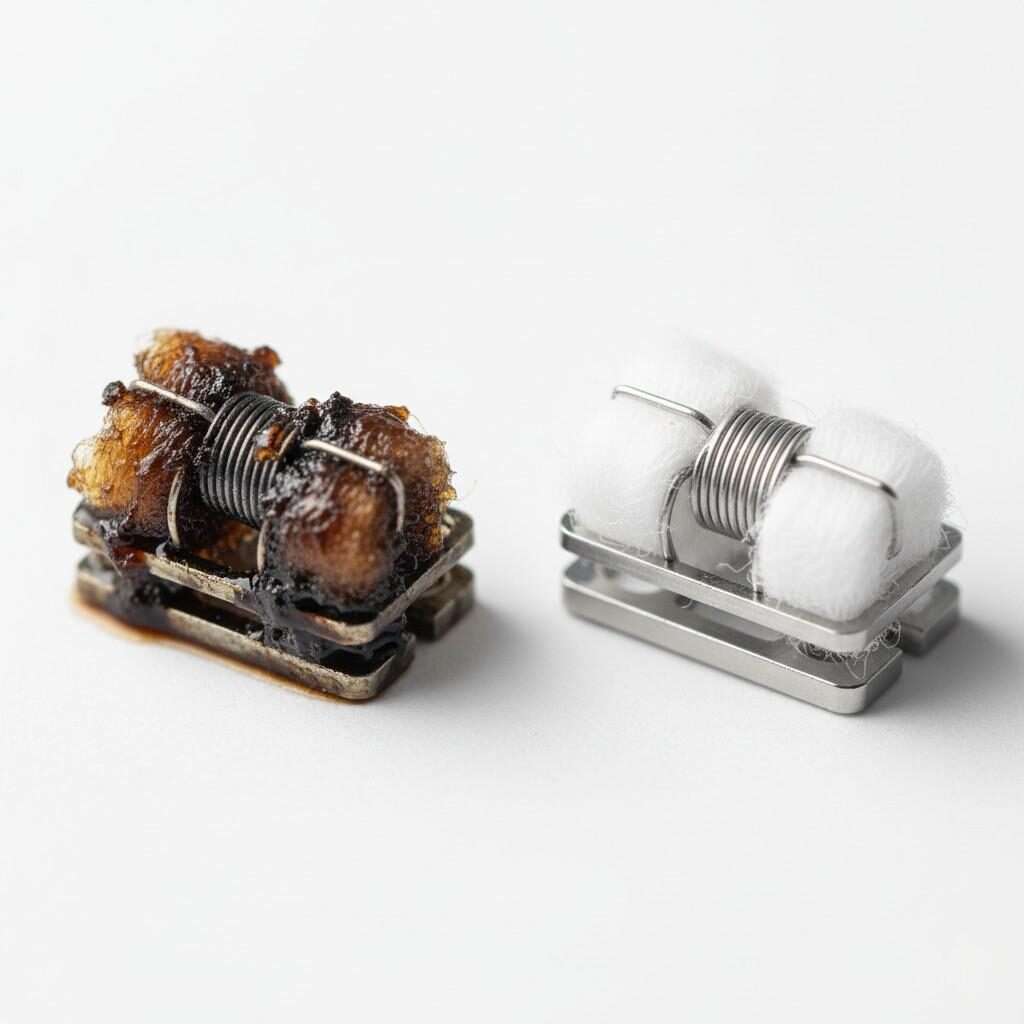 Extreme close-up (macro) photography detailing heavy residue and "coil gunk" buildup on an e-cigarette coil and wick. Illustrates the impact of thick or reactive flavor oils on heating element lifespan and performance