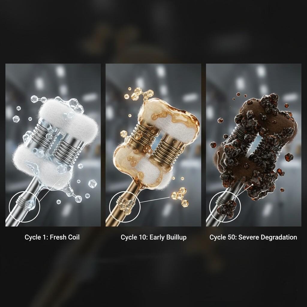 Detailed illustration showing the impact of repeated vape coil heating cycles on high-VG e-liquids, specifically demonstrating the thermal degradation of sweeteners and the resulting residue buildup over time