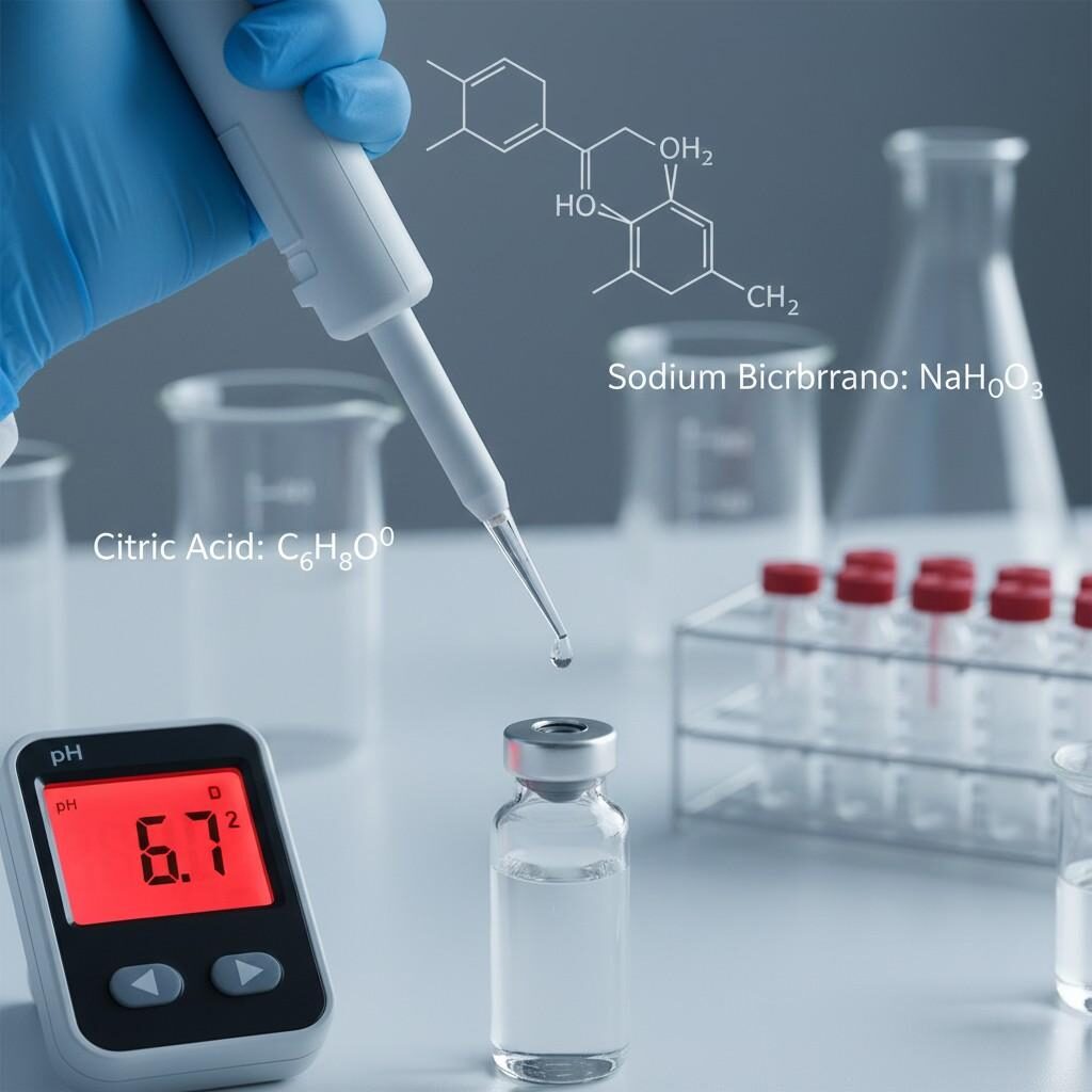 Macro close-up shot capturing a gloved hand precisely adjusting e-liquid pH using a pipette, with a digital meter reading "6.7." Overlaid formulas for citric acid and sodium bicarbonate emphasize the exact chemistry and scientific control used in e-liquid formulation and quality assurance