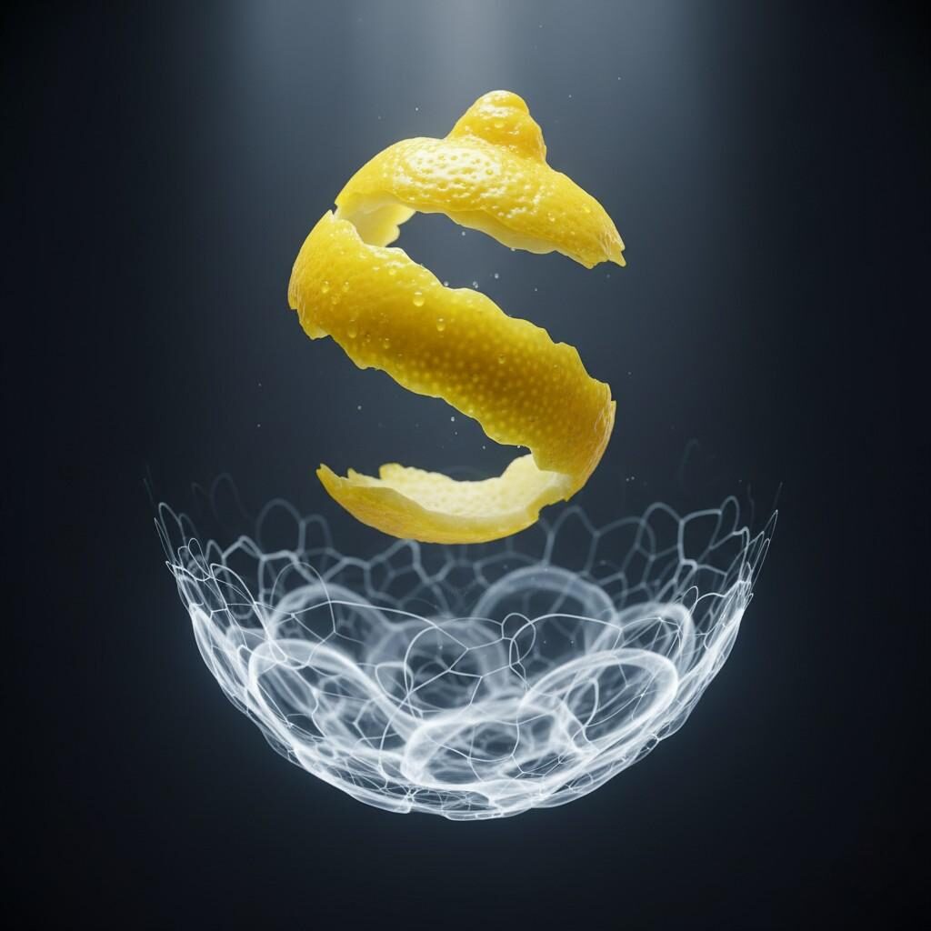 striking conceptual image illustrating "invisible support," featuring a suspended lemon zest twist (the hero flavor) subtly supported by a lattice of swirling vapor trails, which symbolize functional agents like mouthfeel and sweeteners that perfect the overall taste experience
