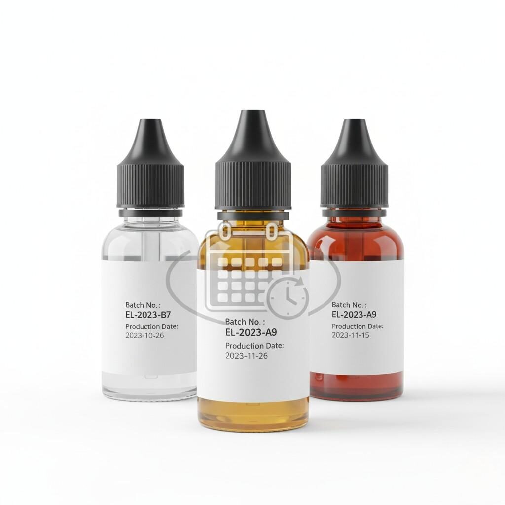 A professional product shot featuring sealed, labeled e-liquid bottles (clear or amber glass) on a white background. Labels clearly show "Batch No." and "Production Date," with a subtle calendar and clock overlay to symbolize crucial shelf life and quality control tracking for the vaping